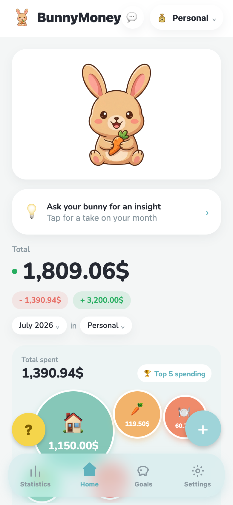 The real BunnyMoney home screen