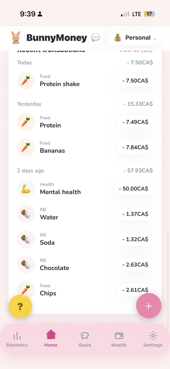 Home screen with recent transactions