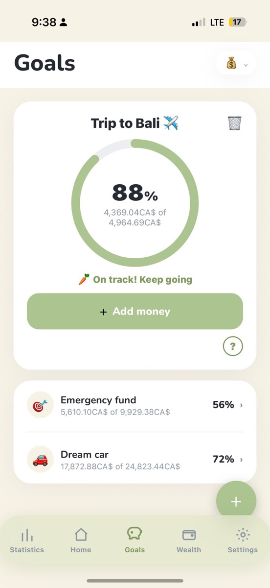 Goals screen with progress ring