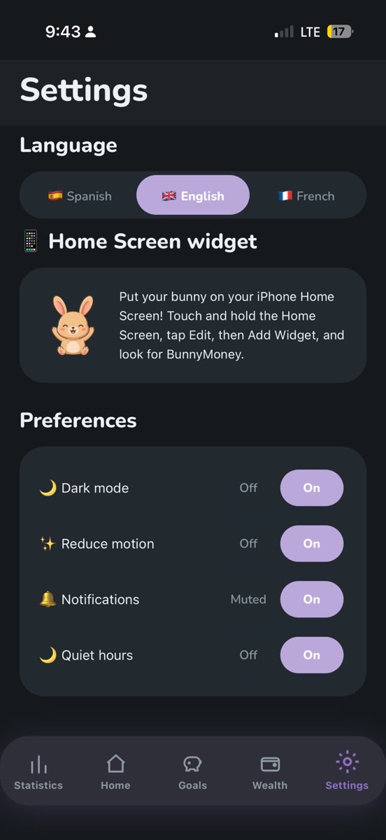 Settings in dark mode